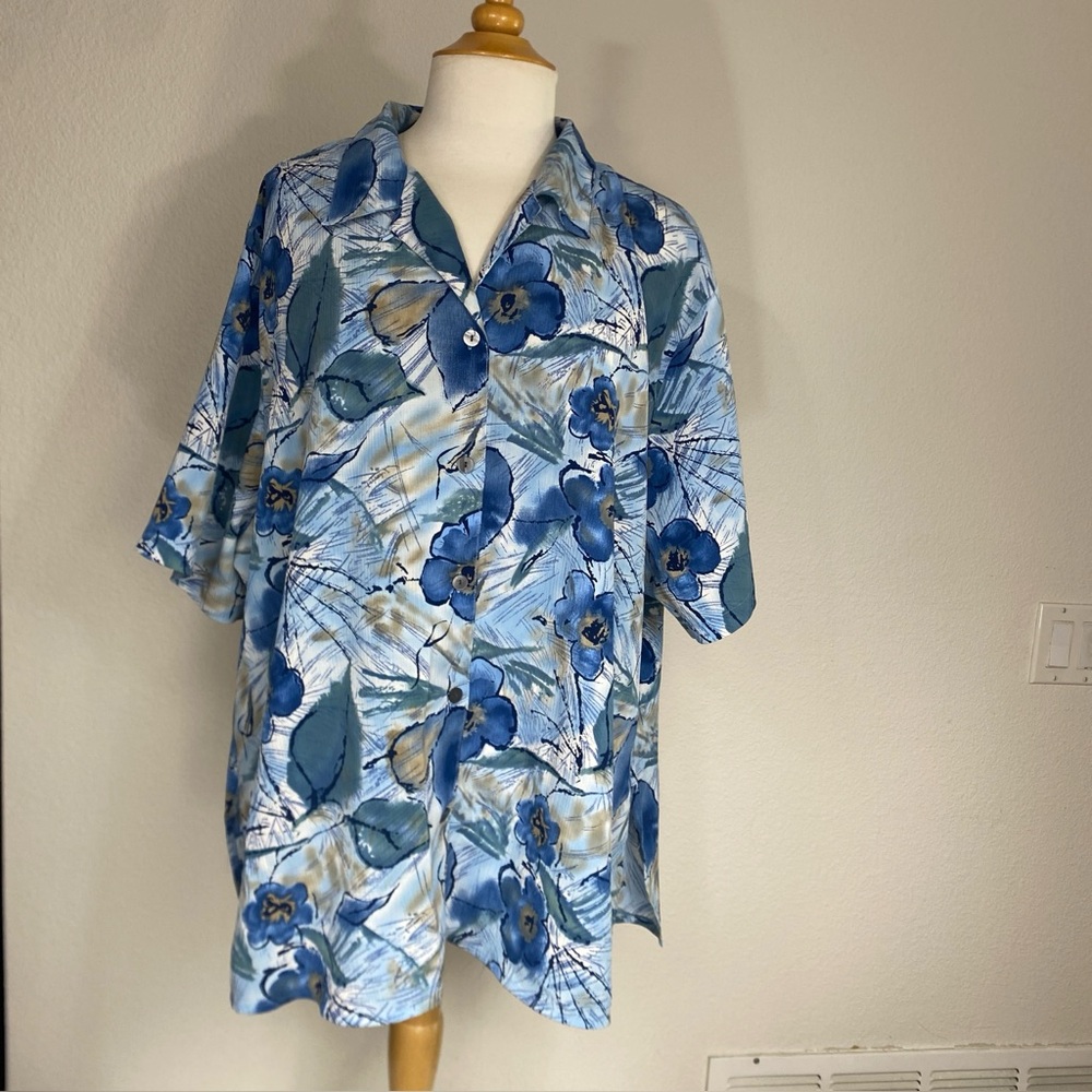 Vintage Erena Women's Blue Floral Collared Button Short Sleeve Shirt 3X Coastal